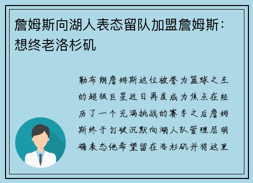 詹姆斯向湖人表态留队加盟詹姆斯：想终老洛杉矶
